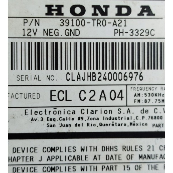Radio Som Cd Player Honda Civic 2012 A 2016 39100tr0a21